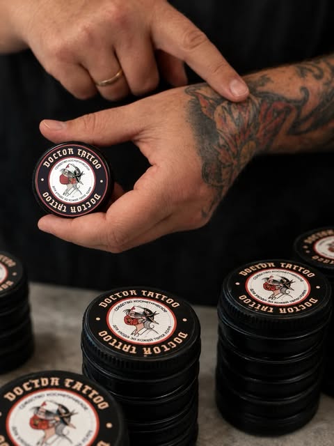 Банки Doctor Tattoo в руках тату-мастера